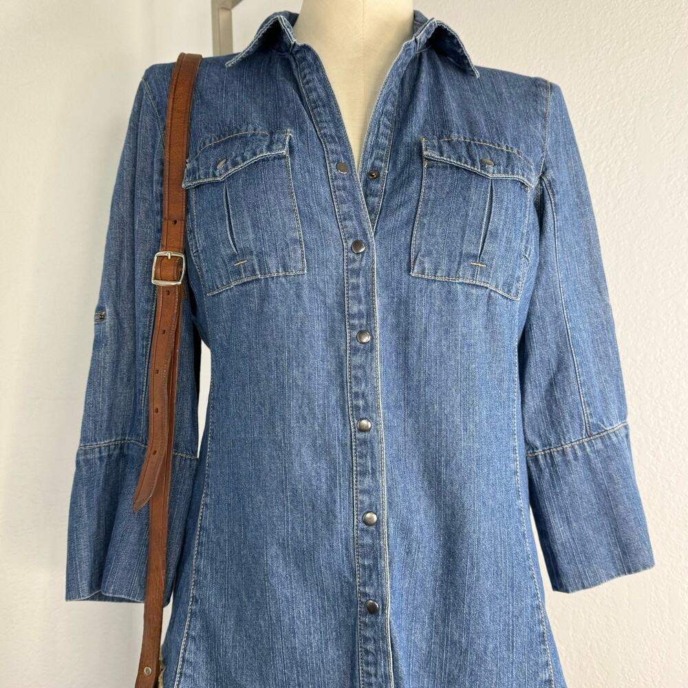 Denim Snap Front Collared Shirt Roll Tab Sleeve Size Small
